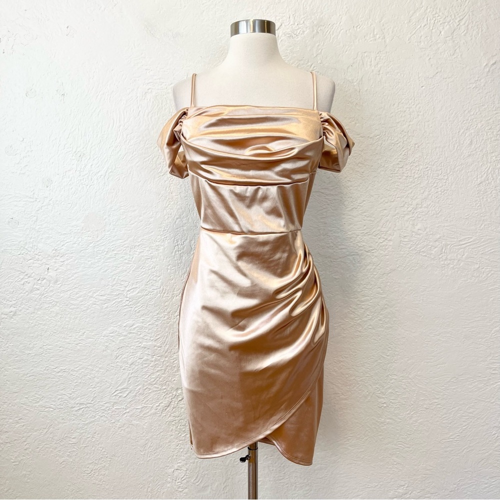 Vintage 90s Y2K Dress Gold Satin Sheen Off Shoulder Princess Greek Small S